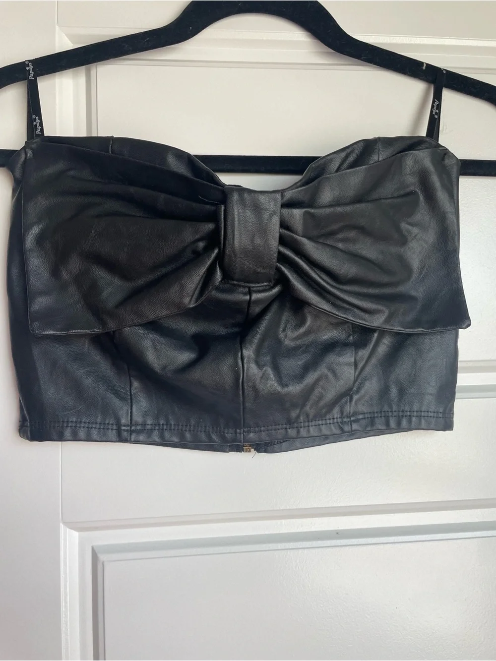 Faux Leather Black Bow-Front Crop Top